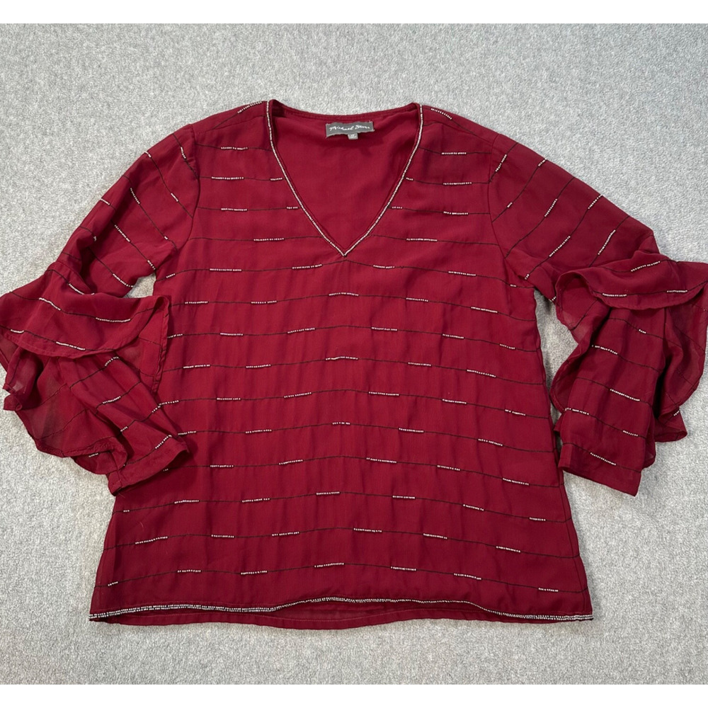 Michael Stars Burgundy Beaded V-Neck Blouse Women's XS Sheer Ruffle Sleeve Top